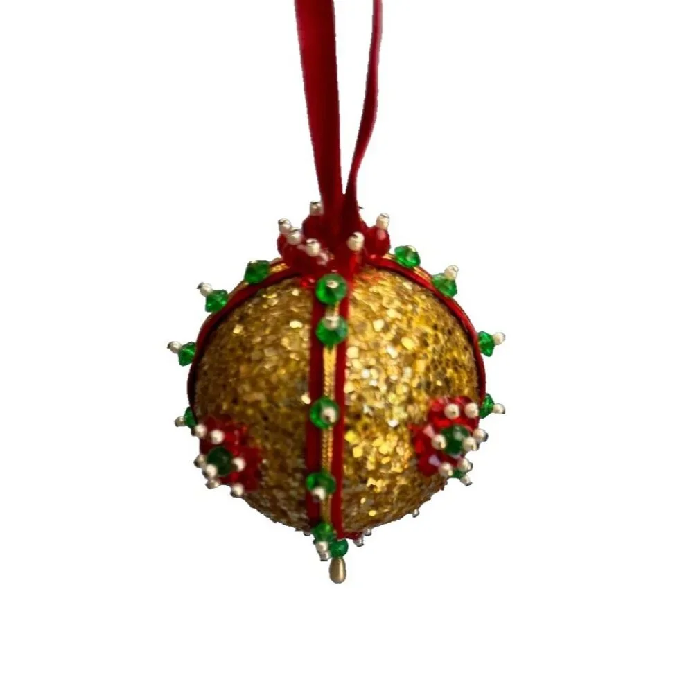 Vintage Gold Glittered Jeweled Handcrafted Ornament C1970's - Picture 2 of 4